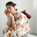 【20%OFF】【高級変わり織 浴衣3点セット きなりに橙色の花】コットン100% フリーサイズ 浴衣セット(ゆかた・帯・下駄)ですぐお出かけ 古典 レトロ