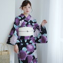 【20%OFF】【高級変わり織 浴衣3点セット 黒地に紫のあじさい】コットン100% フリーサイズ 浴衣セット(ゆかた・帯・下駄)ですぐお出かけ 古典 レトロ