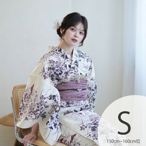 【utatane 高級変わり織 浴衣3点セット ベージュに薄紫の小さな萩と菊】 ゆかた 帯 下駄 セット レディース Sサイズ 小さいサイズ 150cm〜160cm 日本製生地 国内染色 和歌山染工 ベージュ ラベンダー 薄紫 萩 昭和アンティーク復刻 女性