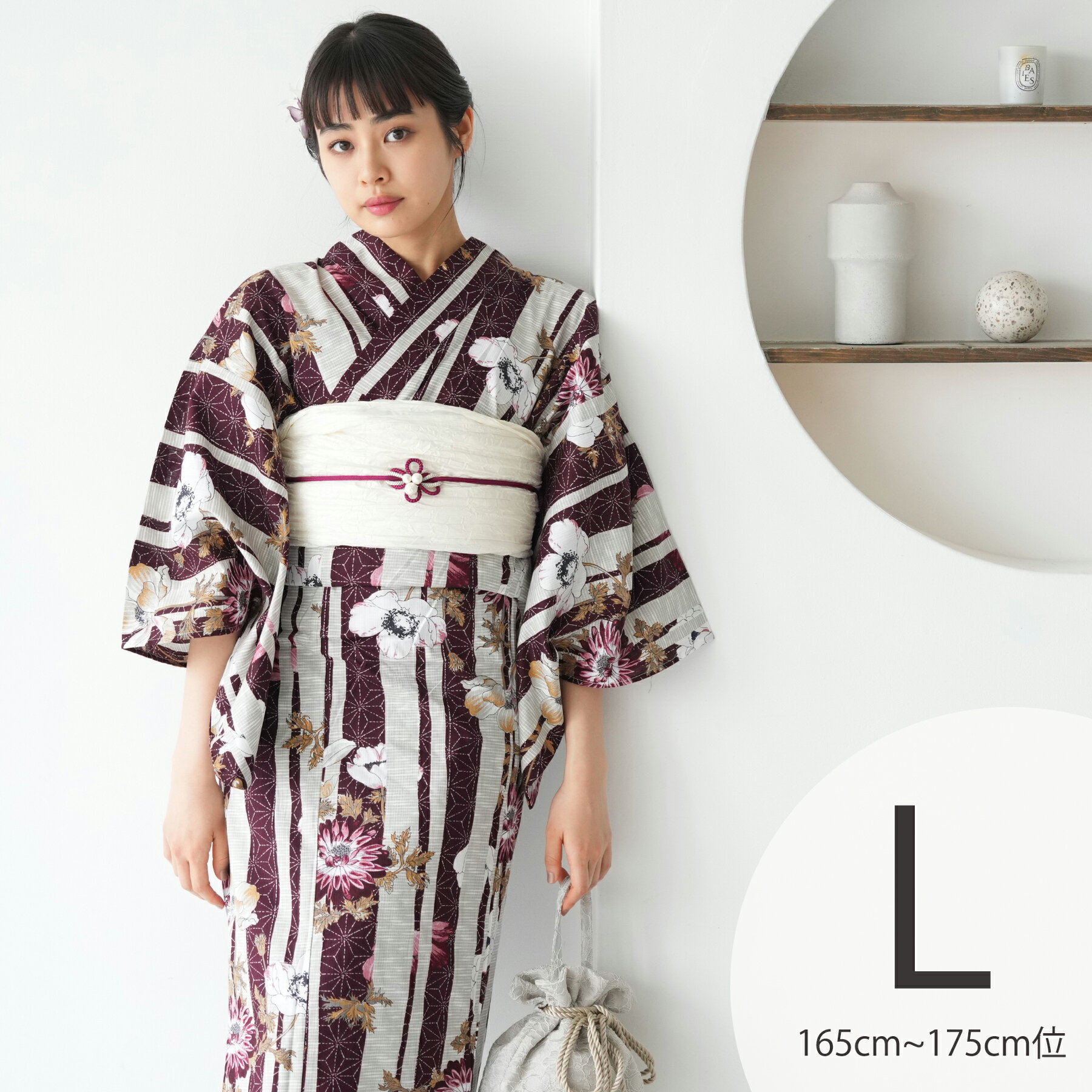 【utatane 高級変わり織 浴衣3点セット えんじの麻の葉ストライプとアネモネ】ここでしか買えない昭和初期アンティーク復刻版 トールサイズ（165-175cm）Lサイズ 浴衣セット（ゆかた・帯・下駄） レトロ 国産生地 国内染色のサムネイル