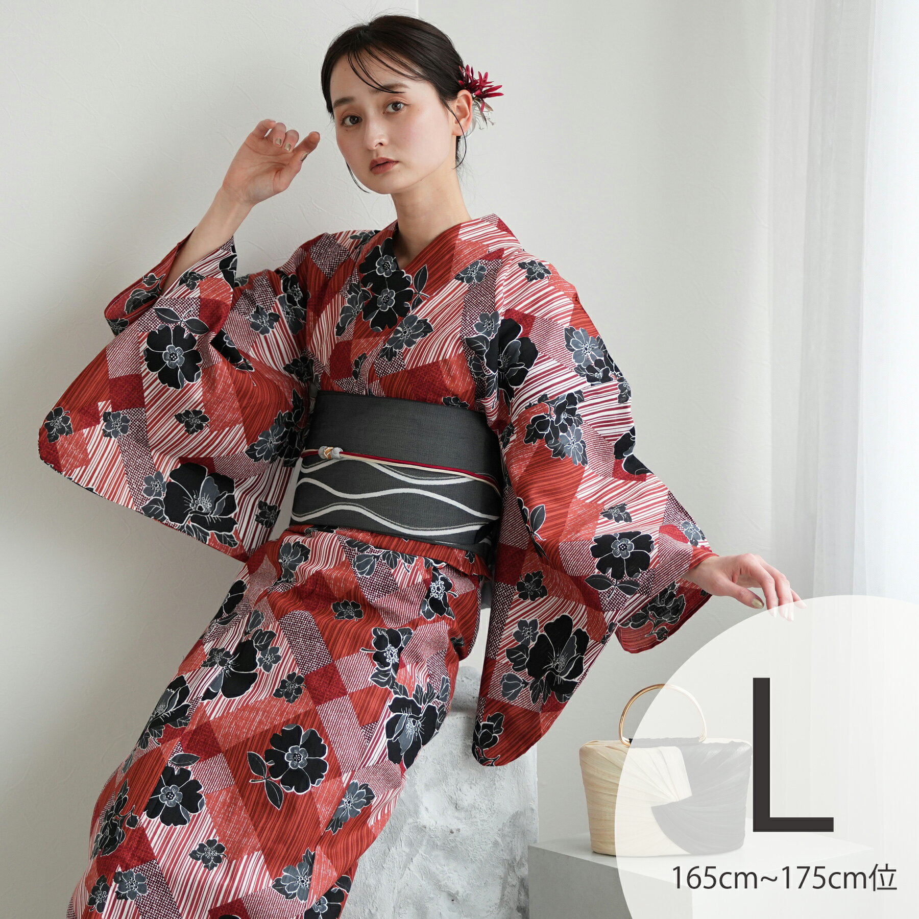 【ニコアンティーク 高級変わり織 浴衣3点セット 芙蓉エフェクト レッド】みんなと違う浴衣を着よう！個性派きものブランドNicoAntiqueの2025年新作 トールサイズ（165-175cm）Lサイズ 浴衣セット（ゆかた・帯・下駄） レトロ 上質 国産生地 国内染色