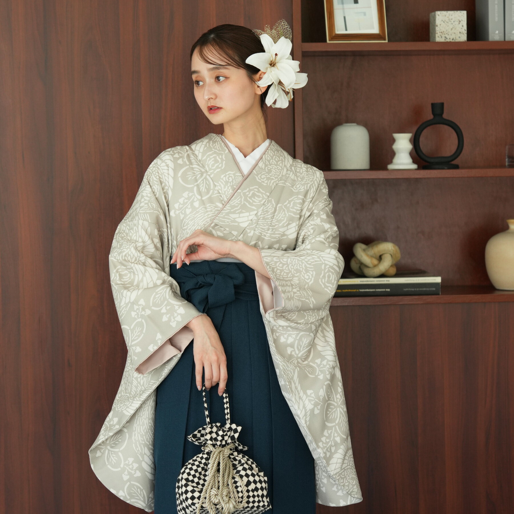 【ひよこ商店 袴 2点セット 灰緑鳳凰】二尺袖着物 はかま 着物セット 販売 卒業式 大学生 専門学生 レディース 女性 大人 袴91cm（身長153-158cm）重ね衿縫い付済