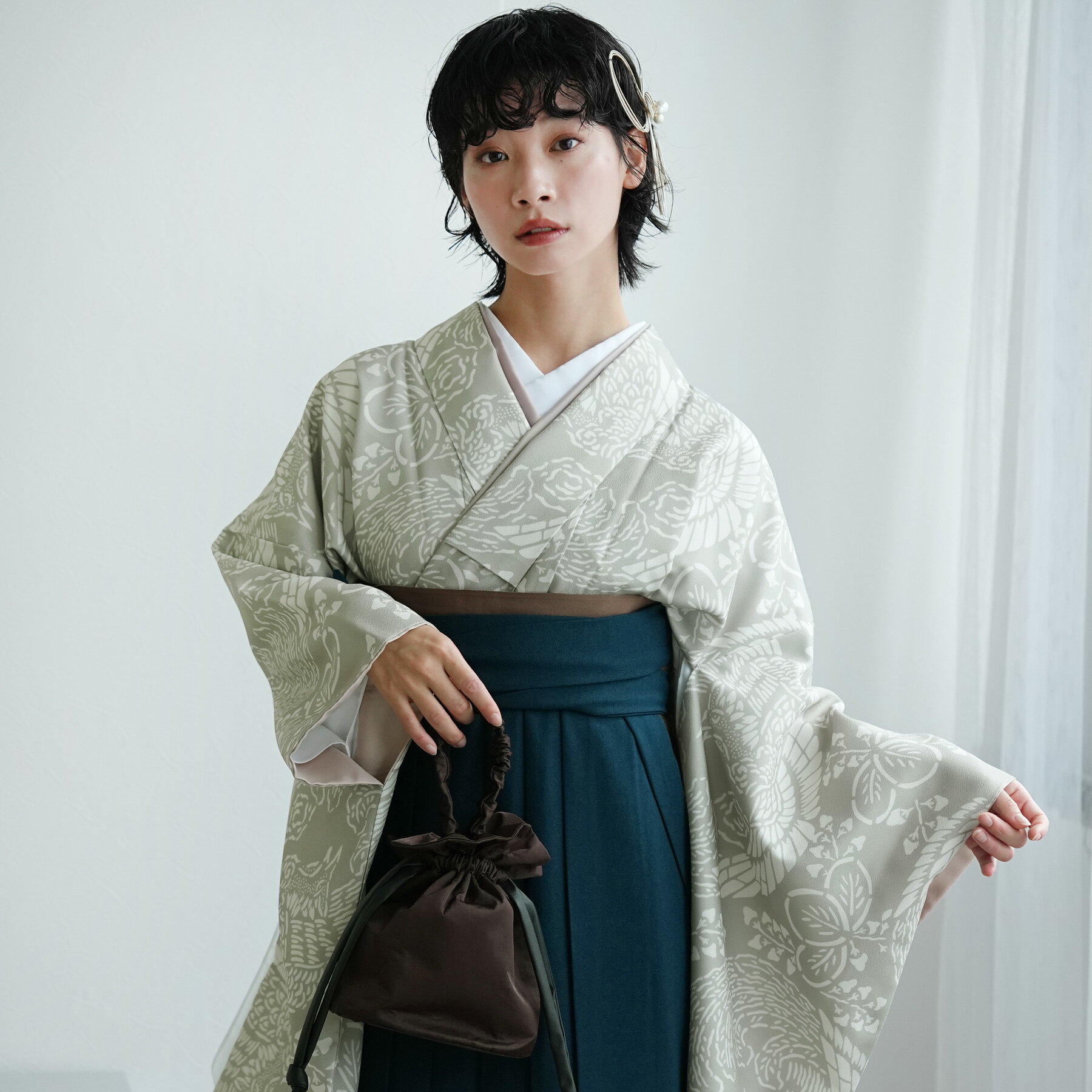 【ひよこ商店 袴 2点セット 灰緑鳳凰】二尺袖着物 はかま 着物セット 販売 卒業式 大学生 専門学生 レディース 女性 大人 袴91cm(身長153-158cm)重ね衿縫い付済