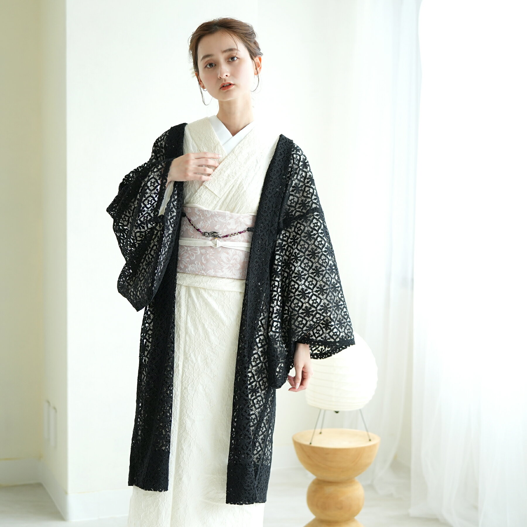 楽天ひよこ商店レース 羽織 着物 レディース アウター ニコアンティーク フリーサイズ 日本製 レディース 黒 ブラック 幾何学 総レース 日本製 国産生地 薄羽織 長羽織 塵除け 春 夏 秋 羽織り