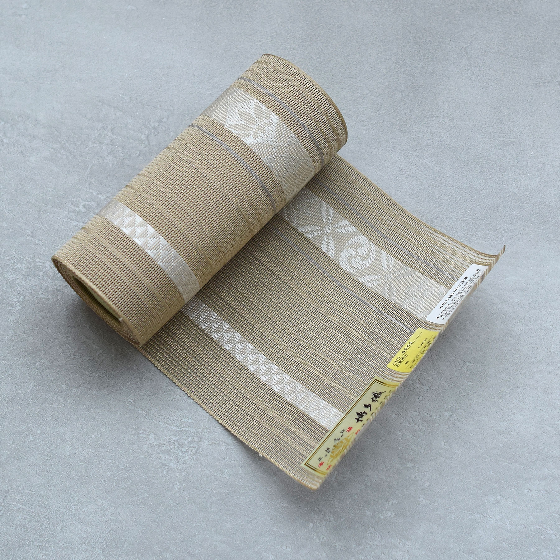 【utatane×井上絹織 博多織 紗 四寸単帯 正絹 七宝に宝尽くし献上 ベージュ】 日本製 国産 本場筑前博多織 博多帯 博多献上 半幅帯 細帯 ひとえ帯 本筑 シルク 浴衣 夏着物 証紙付き