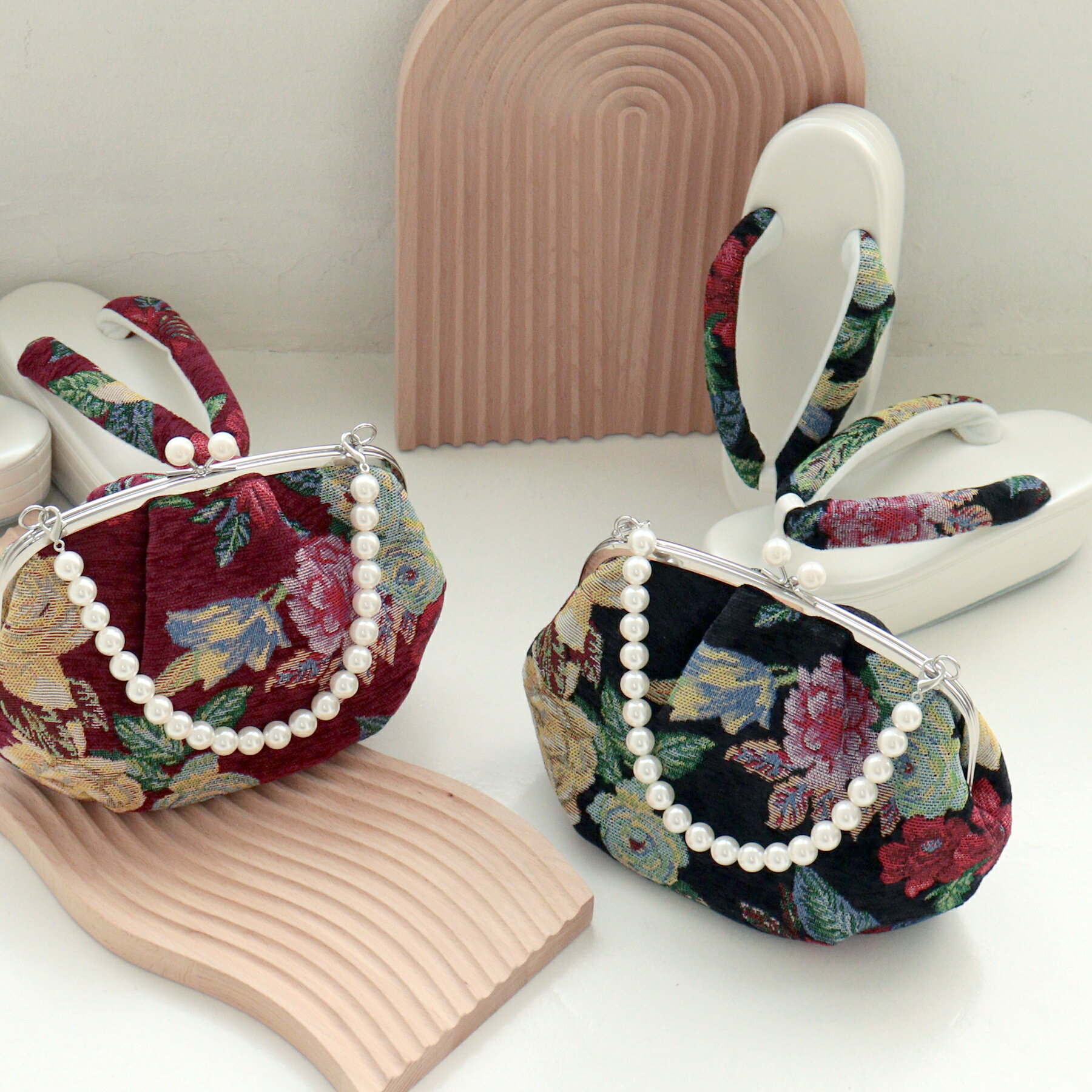 草履バッグセット ゴブラン 草履 バッグ 振袖 成人式 花 袴 着物 女性 黒 赤 厚底 パールバッグ 日本製ゴブラン生地使用 がまぐち ヒール スタイルアップ 3枚芯 結婚式