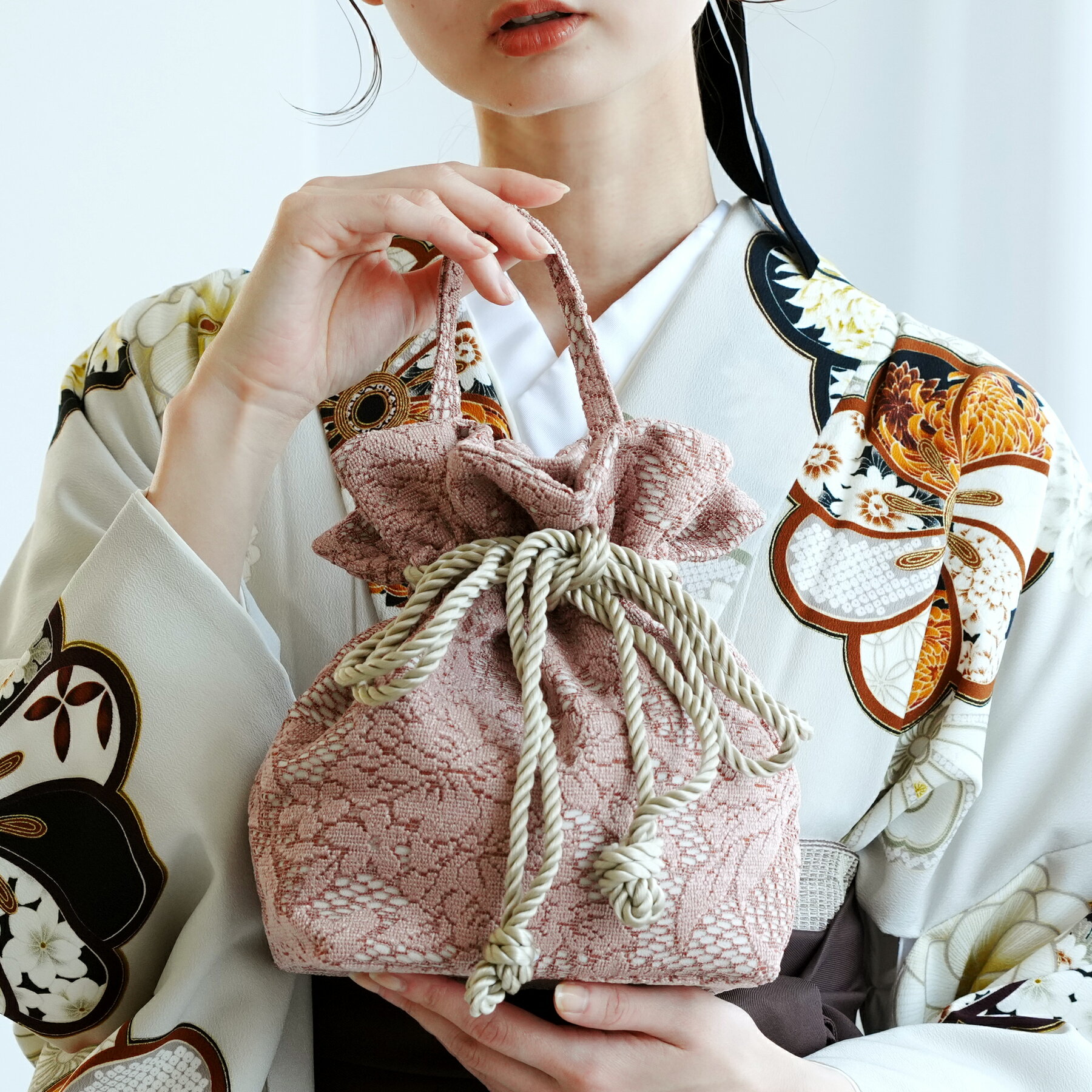 巾着バッグ utatane 巾着 バッグ 日本製 袴 卒業式 レース 赤茶 レッドブラウン ジャガード 杢調 2way ..