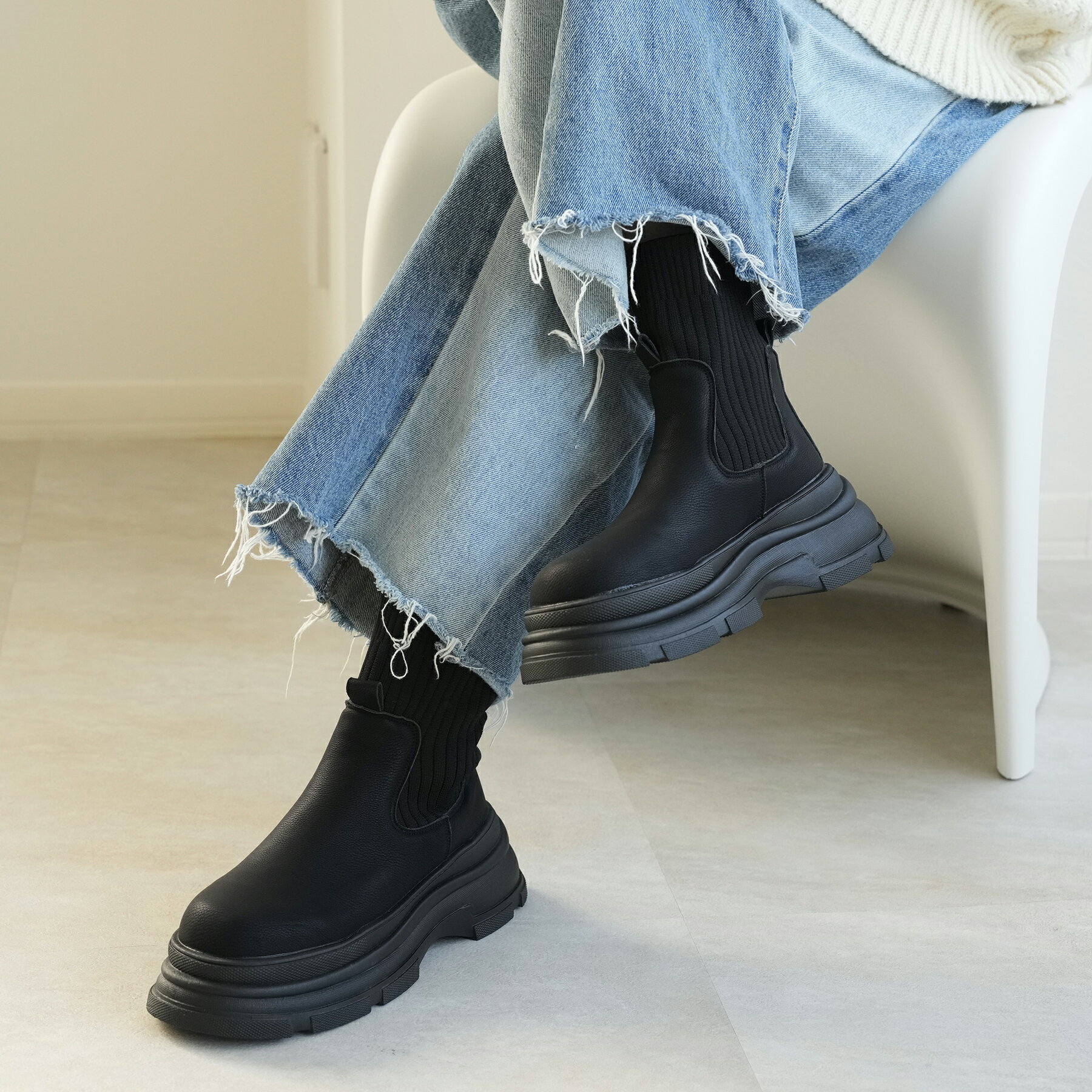 【リブソックスブーツ ブラック】 厚底 ブーツ レディース ミディ丈 ストレッチ 歩きやすい 秋 冬 黒 袴や着物スタイルにも M/Lサイズ(23cm〜24cm...