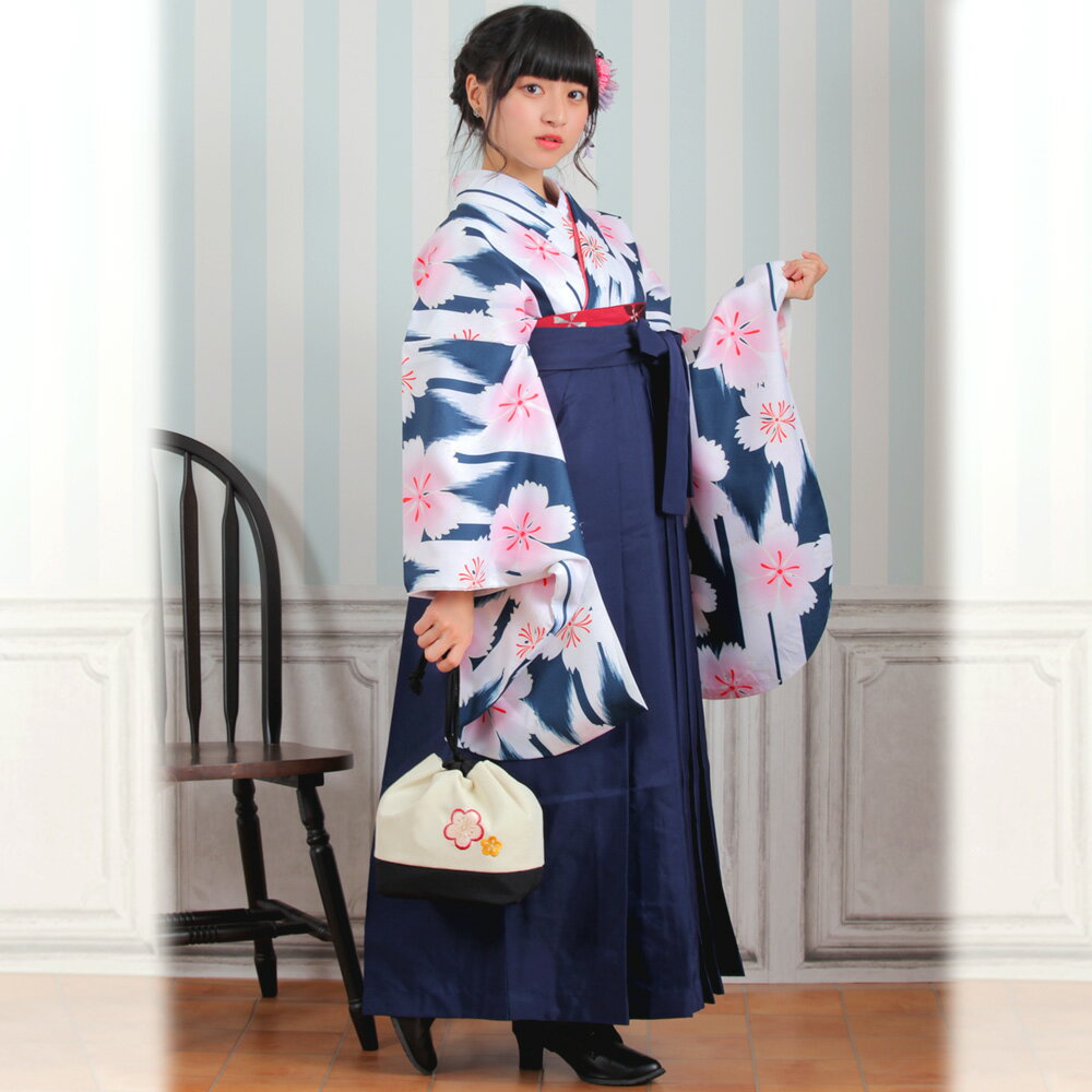 【リサイクル着物セット】 2尺袖 袴 2点セット 袴84cm（身長145-150cm） 国内染色 日本製生地 ジュニア 小学生 花 販売 紺 子供 kids ネイビー 白 矢絣 矢羽根桜 古典柄 大正浪漫 ヴィンテージ リサイクル着物 アンティーク USED 中古 卒業式
