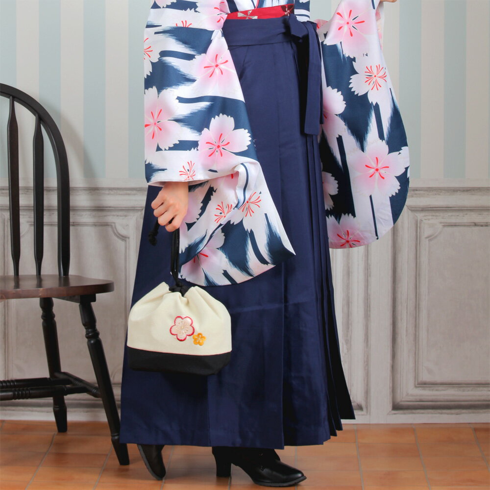 【リサイクル着物セット】 2尺袖 袴 2点セット 袴84cm（身長145-150cm） 国内染色 日本製生地 ジュニア 小学生 花 販売 紺 子供 kids ネイビー 白 矢絣 矢羽根桜 古典柄 大正浪漫 ヴィンテージ リサイクル着物 アンティーク USED 中古 卒業式
