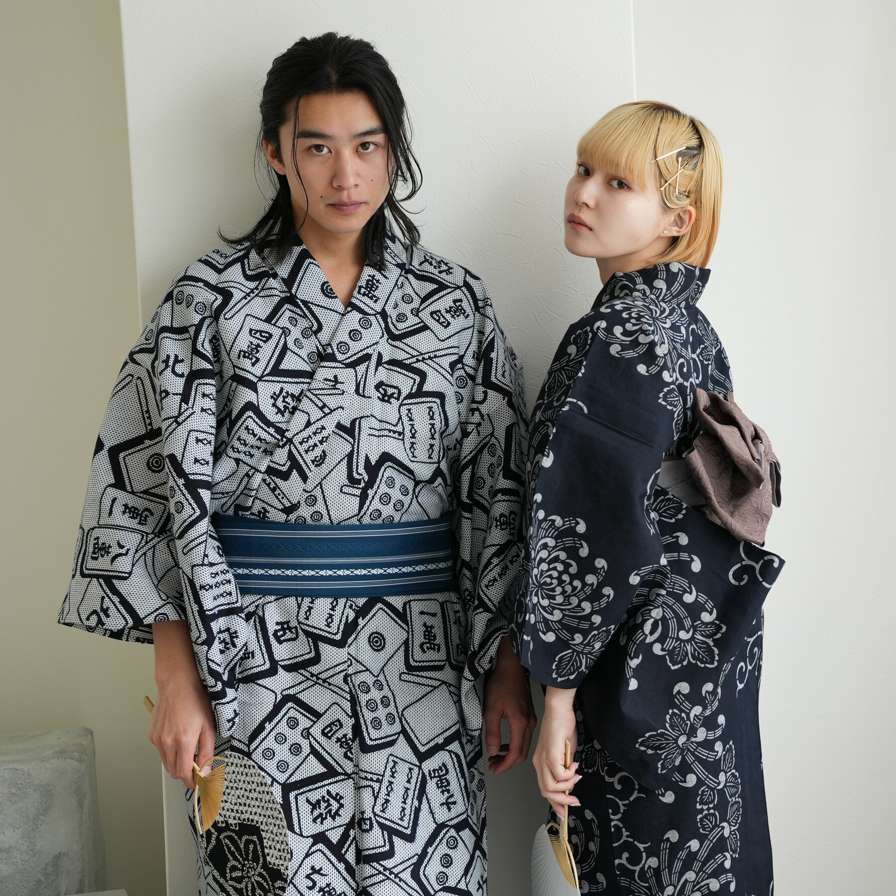 【utatane×注染工房 日本製小幅生地使用 メンズ 浴衣3点セット 刺し子の麻雀牌】 紳士 男性 特選 注染 本染め 手染め M/Lサイズ 日本製綿角帯 浴...