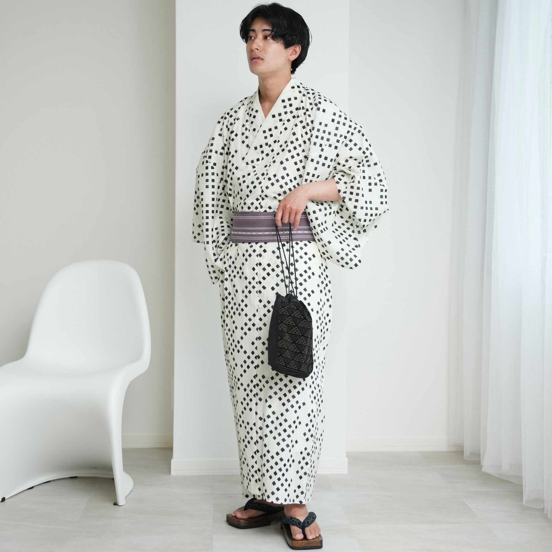 【33%OFF】【高級変わり織 メンズ 浴衣3点セット きなりに黒菱】男 紳士 男性 選べるM/Lサイズ 日本製綿角帯 浴衣セット(ゆかた・帯・下駄)ですぐお出...