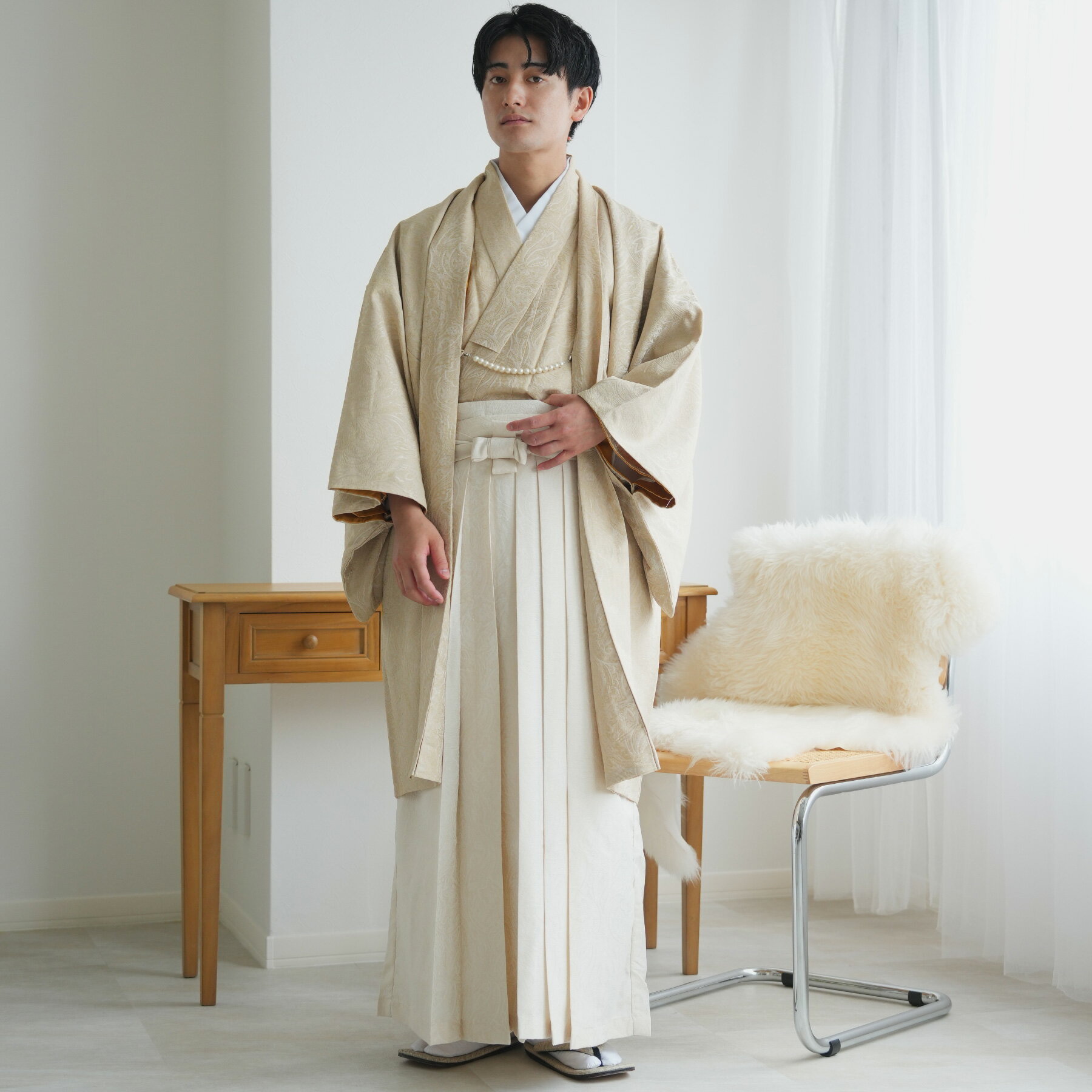 【 utatane 羽織袴セット 着物 羽織 袴 角帯 羽織紐 5点セット メンズ ジャガードペイズリー ベージュ×オフホワイト】 七五三 パパ 父 成人式 卒業式 結婚式前撮り 新郎 男性 Mサイズ Lサイズ 日本製生地