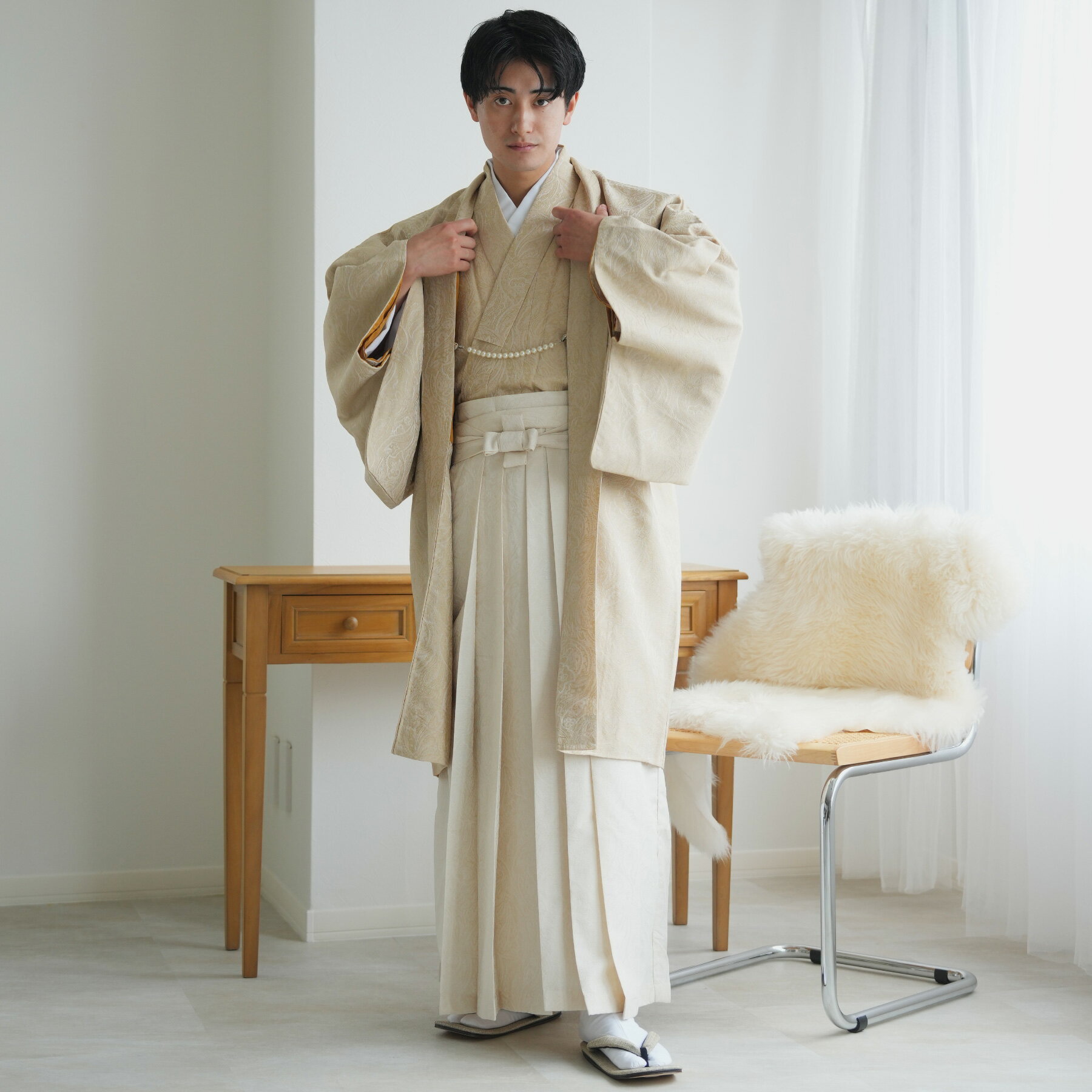 【 utatane 羽織袴セット 着物 羽織 袴 角帯 羽織紐 5点セット メンズ ジャガードペイズリー ベージュ×オフホワイト】 七五三 パパ 父 成人式 卒業式 結婚式前撮り 新郎 男性 Mサイズ Lサイズ 日本製生地