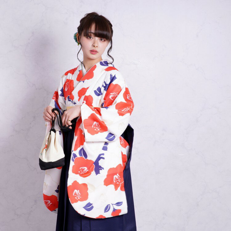 【レンタル】ニコアンティーク 袴 レンタル 女 レトロ 袴セット 卒業式【往復送料無料】 卒業式袴セット2尺袖着物＆袴 フルセットレンタル 安い レトロ 大正浪漫 モダン 国内染色 日本製生地【ニコアンティーク 袴16点セット 白地に赤つばきと猫】新品足袋プレゼント