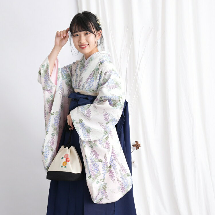【レンタル】ニコアンティーク 往復送料無料 2尺袖 着物 袴 16点セット 袴91cm（身長153-158cm） 袴セット 国内染色 国産生地 卒業式 大学生 専門学生 花柄 女性 白女性 ladies アイボリー 紫 青 ラベンダー 藤 フジ ニュアンス くすみカラー モダン