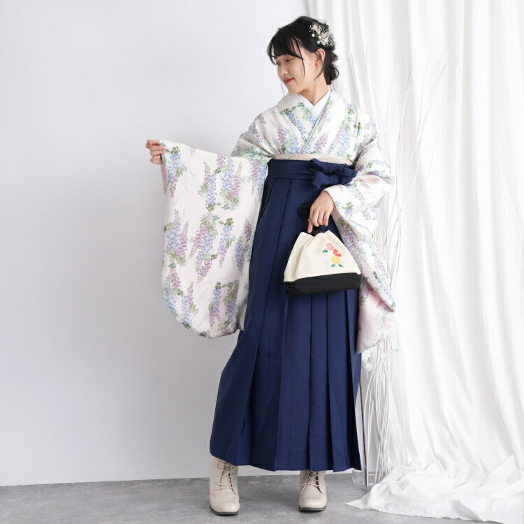 【レンタル】ニコアンティーク 往復送料無料 2尺袖 着物 袴 16点セット 袴91cm（身長153-158cm） 袴セット 国内染色 国産生地 卒業式 大学生 専門学生 花柄 女性 白女性 ladies アイボリー 紫 青 ラベンダー 藤 フジ ニュアンス くすみカラー モダン