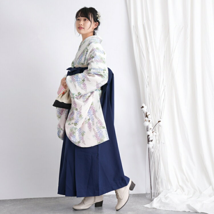 【レンタル】ニコアンティーク 往復送料無料 2尺袖 着物 袴 16点セット 袴91cm（身長153-158cm） 袴セット 国内染色 国産生地 卒業式 大学生 専門学生 花柄 女性 白女性 ladies アイボリー 紫 青 ラベンダー 藤 フジ ニュアンス くすみカラー モダン