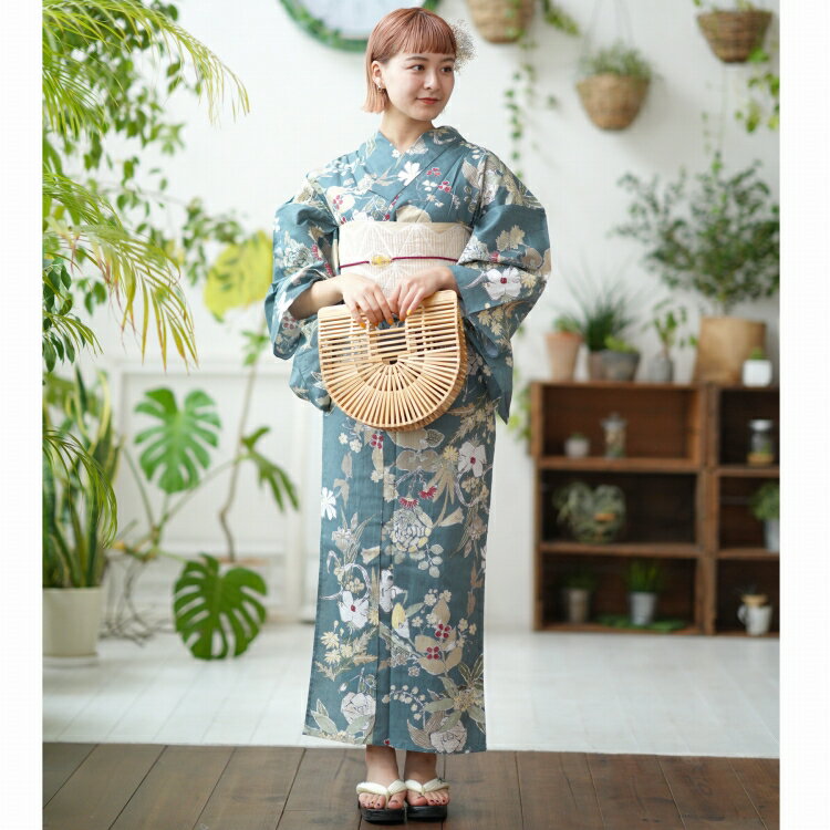 浴衣3点セット (浴衣/帯/下駄) utatane TL トールサイズ（身長165-175cm） 浴衣 セット 高級変わり織り 浴衣 レディース 草花 セット 大人 鉄紺 系 女性 ladies 青 ネイビー くすみブルー 花 なでしこ 日本製生地 和歌山染工 昭和初期復刻版 花火大会 七夕 夏祭り