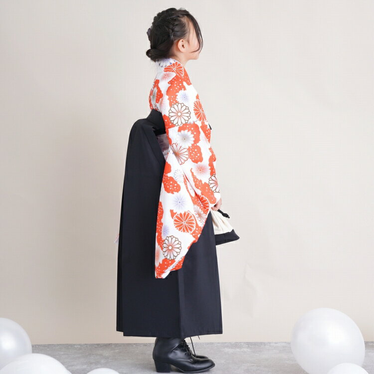 【リサイクル着物セット】 2尺袖 袴 2点セット 袴84cm（身長145-150cm） 国内染色 日本製生地 ジュニア 小学生 花 販売 購入 白 系 子供 kids 赤 朱色 菊 雲取り 古典柄 大正浪漫 ヴィンテージ リサイクル着物 アンティーク USED 中古 古着 卒業式 謝恩会