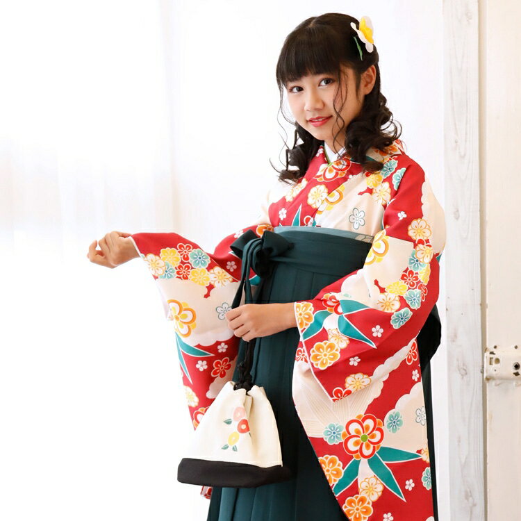 【リサイクル着物セット】 2尺袖 袴 2点セット 袴84cm（身長145-150cm） 国内染色 日本製生地 ジュニア 小学生 花 販売 購入 赤 系 子供 kids えんじ 黄色 梅 雲 小花 古典柄 大正浪漫 ヴィンテージ リサイクル着物 アンティーク USED 中古 古着 卒業式 謝恩会