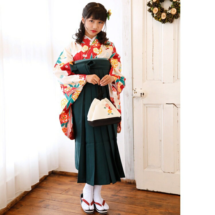 【リサイクル着物セット】 2尺袖 袴 2点セット 袴84cm（身長145-150cm） 国内染色 日本製生地 ジュニア 小学生 花 販売 購入 赤 系 子供 kids えんじ 黄色 梅 雲 小花 古典柄 大正浪漫 ヴィンテージ リサイクル着物 アンティーク USED 中古 古着 卒業式 謝恩会