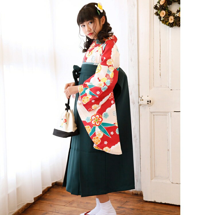 【リサイクル着物セット】 2尺袖 袴 2点セット 袴84cm（身長145-150cm） 国内染色 日本製生地 ジュニア 小学生 花 販売 購入 赤 系 子供 kids えんじ 黄色 梅 雲 小花 古典柄 大正浪漫 ヴィンテージ リサイクル着物 アンティーク USED 中古 古着 卒業式 謝恩会