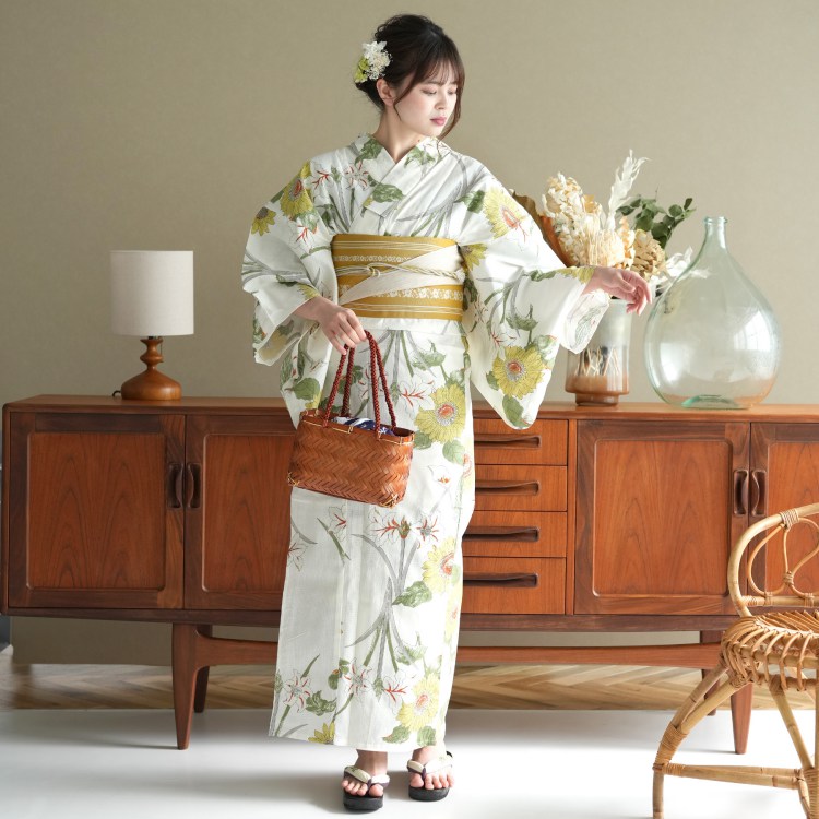浴衣 セット レディース 浴衣 3点セット（浴衣/帯/下駄）日本製生地　国内染色　和歌山染工　クリーム　黄色　オレンジ　白　緑　ひまわり　向日葵　百合　ゆり　昭和初期アンティーク復刻版 浴衣セット ゆかた 女性 レトロ Lサイズ 大きいサイズ トールサイズ