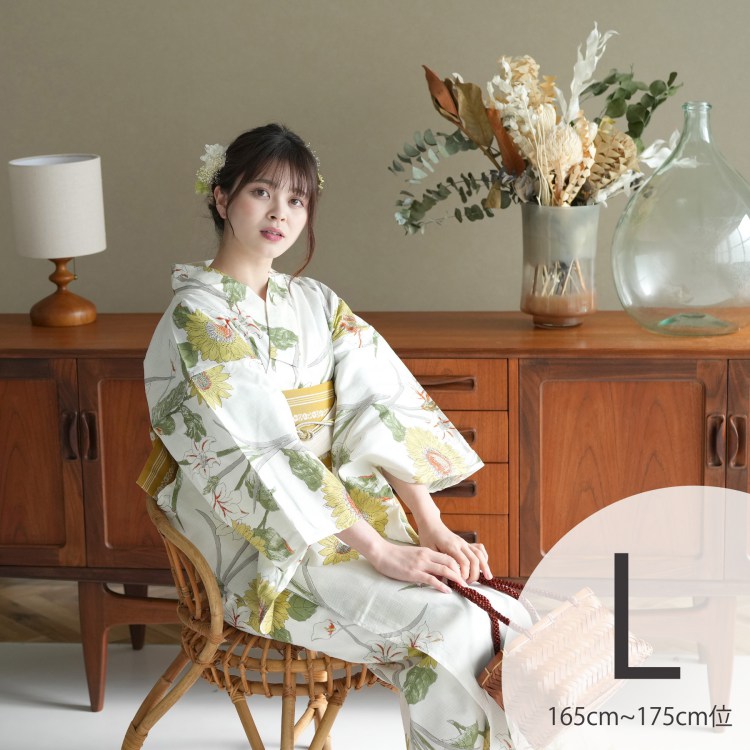 浴衣 セット レディース 浴衣 3点セット（浴衣/帯/下駄）日本製生地　国内染色　和歌山染工　クリーム　黄色　オレンジ　白　緑　ひまわり　向日葵　百合　ゆり　昭和初期アンティーク復刻版 浴衣セット ゆかた 女性 レトロ Lサイズ 大きいサイズ トールサイズ