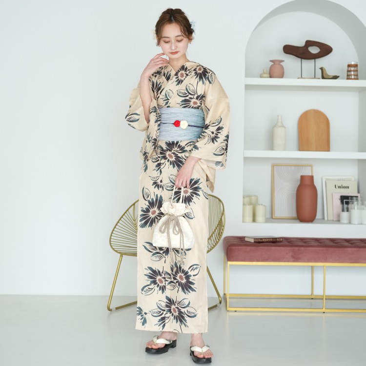 浴衣 セット レディース 浴衣 3点セット（浴衣/帯/下駄）PEACE BY PEACE YARN PROJECT オーガニックコットン 国内染色 和歌山染工 サステナブル ベージュ 鉄紺 ブルー 紫 えんじ 浴衣セット ゆかた 女性 大人 レトロ Lサイズ トールサイズ 大きいサイズ