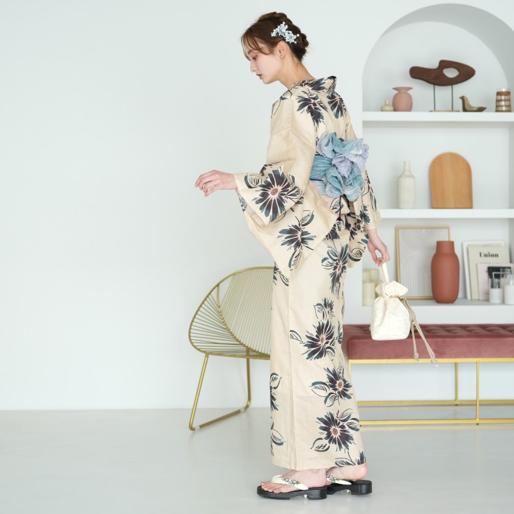 浴衣 セット レディース 浴衣 3点セット（浴衣/帯/下駄）PEACE BY PEACE YARN PROJECT オーガニックコットン 国内染色 和歌山染工 サステナブル ベージュ 鉄紺 ブルー 紫 えんじ 浴衣セット ゆかた 女性 大人 レトロ Lサイズ トールサイズ 大きいサイズ