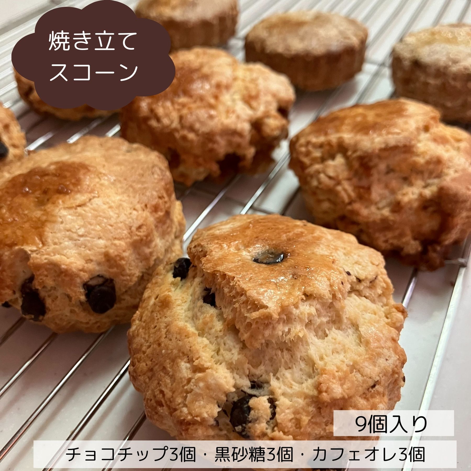 スコーン 9個 お試し 詰め合わせ チョコチップ3個 黒砂糖3個 カフェオレ3個 ご自宅用 焼き菓子 朝食 おやつ ブランチ 軽食 簡易包装