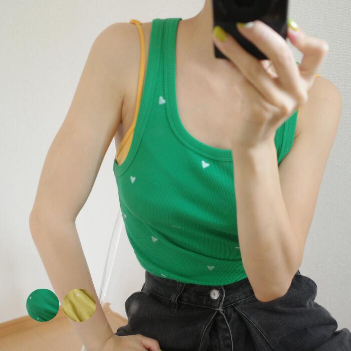 stretch tanktop ストレッチ タンクトップ ホワイト グリーン ピスタチオ チャコール 刺繍 heart ハート cotton コットン 綿 カジュアル おしゃれ 着心地 肌触り 合せやすい コーディネート 春 夏 秋 可愛い アート