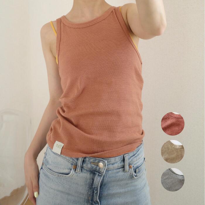 タンクトップ ボーダー 総柄 柄 イエロー オレンジ モス ベージュ 可愛い おしゃれ 春 夏 秋 カジュア..