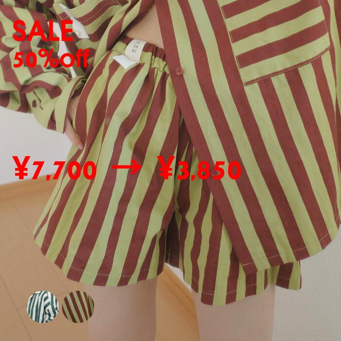 relax stripe short pants リラックス ストライプ ショート パンツ レディース 春 夏 個性的 おしゃれ 可愛い 綿 グリーン ピスタチオ S M サイズ 着こなす 被らない 履きやすい ゆったり リラックス 肌触り 良い 生地 厚め