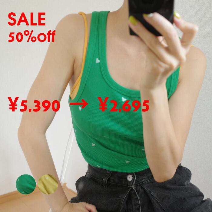 stretch tanktop ストレッチ タンクトップ ホワイト グリーン ピスタチオ チャコール 刺繍 heart ハート cotton コットン 綿 カジュアル おしゃれ 着心地 肌触り 合せやすい コーディネート 春 夏 秋 可愛い アート