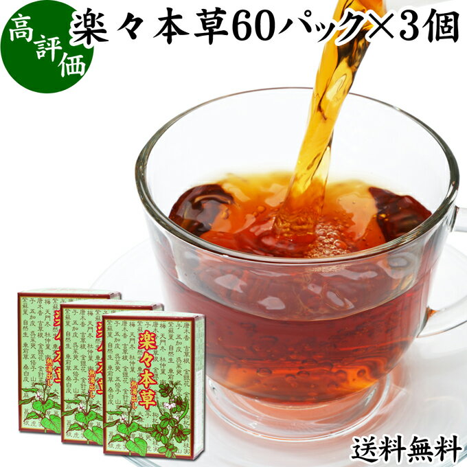 楽々本草 箱 60パック×3個 本草茶 健康茶 ドクダミ どくだみ エビスグサ 種子 決明子 河原決明 カワラケツメイ 大豆 ウーロン茶 烏龍茶 ハトムギ はとむぎ ゴールデンキャンドル 送料無料 ブレンド ティー お茶 健康 美容 カップ出し用 熱水 熱湯 抽出 ティーバッグ パック