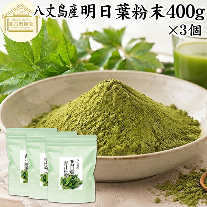 明日葉粉末について 明日葉は、セリ科の植物で「今日摘んでも明日には新しい芽が出る」といわれるほど成長が早く、生命力の強いことで知られています。 特有成分のカルコン、ポリフェノール、フラボノイド、ベータカロチン、ビタミン、カルシウム、カリウム、鉄分、葉酸、食物繊維など豊富な栄養を備え、和製スーパーフードとして注目されています。 日本国内でも様々な地域で栽培されていますが東京・八丈島が一大産地となっています。 飲み合わせの良くない食材はなく栄養補給、野菜不足を解消するサプリメントとして評価が高まっています。 商品について ていねいに栽培・収穫した八丈島産・明日葉の茎葉を乾燥させ、美味しい青汁パウダーにしました。 水に溶かしてアシタバの青汁に。寒い季節にはお湯に溶かして明日葉茶として飲めるサプリメント粉末です。 水やお湯、ジュース、牛乳、豆乳、ヨーグルトなどに溶かしてお飲みください。 そのほかグリーンスムージー、野菜ジュースにブレンドしたり、パウンドケーキ、クッキー、蒸しパンなどお菓子の材料としてもお使いいただけます。 着色料、甘味料、保存料など余計な材料を使用せず、明日葉100％で製品化しました。 菜食主義（ヴィーガン、ビーガン、ベジタリアン）のためのパワーフード。グルテンフリー、アレルゲンフリーの食材としてもおすすめです。 ノンカフェイン（カフェインレス）なのでお子様や就寝前でも安心してお飲みください。 飲み合わせの良くない食材は特にありません。 保存に便利なチャック付き袋入りです。 微粉末で飲みやすい、当社でも人気ランキング上位の売れ筋、明日葉粉末をお試しください。エイジングケアとしての購入者も数多くおられます。楽天市場のギフト、昇進祝い、母の日、父の日、お中元、秋の贈り物にもおすすめ。 使い方 一日に4〜5gを目安に、水やお湯、ジュース、牛乳、豆乳、ヨーグルトなどに溶かしてお飲みください。 大麦若葉や桑葉、ケール、モリンガ、ブロッコリー、きな粉、プロテイン、黒ごま、米ぬかを混ぜてスムージーにするなどアレンジができます。 そのほかヨーグルト、グラノーラ、スムージー、スープにブレンドしたり、パンケーキ、ホットケーキ、パウンドケーキ、クッキー、蒸しパンなどお菓子の材料としてもお使いいただけます。 蕎麦（そば）に練り込んだ明日葉そばやパスタ、ジェノベーゼソースやペペロンチーノの具材など様々な用途でお使いいただけます。 市販の小袋に入れて個包装すると外出時、旅行時の持ち運びにも便利です。 朝食のスムージーに使い、ファスティングダイエットにも活用いただけます。 名称 明日葉粉末 原材料名 明日葉の茎葉（東京・八丈島産） 内容量 400g&times;3個（約300日分　※一日4gを使用した場合） 賞味期限 別途商品ラベルに記載　※製造日から1年 保存方法 直射日光を避け、常温で保存してください 加工者 株式会社 自然健康社奈良県奈良市高畑町1426 添加物 なし（香料や保存料を使用していません） 栄養成分（100gあたり） 熱量289kcal、たんぱく質15．3g、脂質4．1g、炭水化物64．1g（糖質31．3g、食物繊維32．8g）、食塩相当量1．25g、総クロロフィル221mg 広告文責 株式会社自然健康社 0742-24-8380 区分 栄養補助食品 生産：日本ていねいに栽培・収穫した八丈島産・明日葉の茎葉を乾燥させ、美味しい青汁パウダーにしました。 特有成分のカルコン、ポリフェノール、フラボノイド、ベータカロチン、ビタミン、カルシウム、カリウム、鉄分、葉酸、食物繊維など豊富な栄養を備えています。 健康、美容、エイジングケアに当社の明日葉粉末をご活用ください。保存に便利なチャック付き袋入りです。 &nbsp; &nbsp; &nbsp; &nbsp; &nbsp; &nbsp; &nbsp; &nbsp; &nbsp; &nbsp; &nbsp; &nbsp; &nbsp; &nbsp; &nbsp; &nbsp; ■ 国産 明日葉粉末400g&times;3個 明日葉粉末について 明日葉は、セリ科の植物で「今日摘んでも明日には新しい芽が出る」といわれるほど成長が早く、生命力の強いことで知られています。 特有成分のカルコン、ポリフェノール、フラボノイド、ベータカロチン、ビタミン、カルシウム、カリウム、鉄分、葉酸、食物繊維など豊富な栄養を備え、和製スーパーフードとして注目されています。 日本国内でも様々な地域で栽培されていますが東京・八丈島が一大産地となっています。 飲み合わせの良くない食材はなく栄養補給、野菜不足を解消するサプリメントとして評価が高まっています。 商品説明 ていねいに栽培・収穫した八丈島産・明日葉の茎葉を乾燥させ、美味しい青汁パウダーにしました。 水に溶かしてアシタバの青汁に。寒い季節にはお湯に溶かして明日葉茶として飲めるサプリメント粉末です。 水やお湯、ジュース、牛乳、豆乳、ヨーグルトなどに溶かしてお飲みください。 そのほかグリーンスムージー、野菜ジュースにブレンドしたり、パウンドケーキ、クッキー、蒸しパンなどお菓子の材料としてもお使いいただけます。 着色料、甘味料、保存料など余計な材料を使用せず、明日葉100％で製品化しました。 菜食主義（ヴィーガン、ビーガン、ベジタリアン）のためのパワーフード。グルテンフリー、アレルゲンフリーの食材としてもおすすめです。 ノンカフェイン（カフェインレス）なのでお子様や就寝前でも安心してお飲みください。 飲み合わせの良くない食材は特にありません。 保存に便利なチャック付き袋入りです。 微粉末で飲みやすい、当社でも人気ランキング上位の売れ筋、明日葉粉末をお試しください。エイジングケアとしての購入者も数多くおられます。楽天市場のギフト、昇進祝い、母の日、父の日、お中元、秋の贈り物にもおすすめ。 使い方 一日に4〜5gを目安に、水やお湯、ジュース、牛乳、豆乳、ヨーグルトなどに溶かしてお飲みください。 大麦若葉や桑葉、ケール、モリンガ、ブロッコリー、きな粉、プロテイン、黒ごま、米ぬかを混ぜてスムージーにするなどアレンジができます。 そのほかヨーグルト、グラノーラ、スムージー、スープにブレンドしたり、パンケーキ、ホットケーキ、パウンドケーキ、クッキー、蒸しパンなどお菓子の材料としてもお使いいただけます。 蕎麦（そば）に練り込んだ明日葉そばやパスタ、ジェノベーゼソースやペペロンチーノの具材など様々な用途でお使いいただけます。 市販の小袋に入れて個包装すると外出時、旅行時の持ち運びにも便利です。 朝食のスムージーに使い、ファスティングダイエットにも活用いただけます。 名称 明日葉粉末 原材料名 明日葉の茎葉（東京・八丈島産） 内容量 400g&times;3個（約300日分　※一日4gを使用した場合） 賞味期限 別途商品ラベルに記載　※製造日から1年 保存方法 直射日光を避け、常温で保存してください 加工者 株式会社 自然健康社奈良県奈良市高畑町1426 添加物 なし（香料や保存料を使用していません） 栄養成分（100gあたり） 熱量289kcal、たんぱく質15．3g、脂質4．1g、炭水化物64．1g（糖質31．3g、食物繊維32．8g）、食塩相当量1．25g、総クロロフィル221mg 広告文責 株式会社自然健康社 0742-24-8380 分類 栄養補助食品 &nbsp;