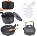 キャンプクッカー アウトドア9点セット EZCAMP 防災 登山用鍋 Bbq食器 ステレンス製 小型 軽量 収納袋付き 2-3人に適応