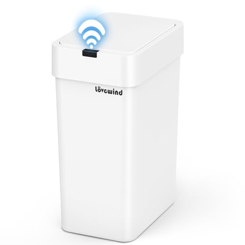 Lovewind バスルームゴミ箱、9リットル自動ゴミ箱、蓋付き、バスルーム、寝室、キッチン、オフィス用、小型タッチレスモーションセンサーゴミ箱、ホワイト