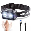 Tebool ヘッドライト Type-C充電式 大容量1200mAh 高輝度 LED 600ルーメン 手振りセンサー機能付き 6種点灯モード 赤&白ライト SO...