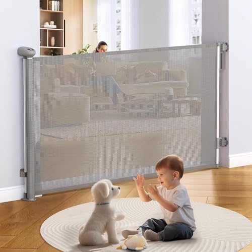 UNNIK ベビーゲート ロール式 【ネジ付け可&貼り付け可】 幅140CM ペットゲート ベビーゲート 階段上 巻き取り式 階段ゲート 格納式 安全ロック機能 赤ちゃん/ペット/猫/犬に適応 日本語取扱