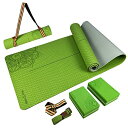 【 ヨガマットセット 】TPE素材 ヨガマット (幅 61 cm x 183 cm x 厚さ 6mm) + ヨガブロック 2個 + ヨガストラップ + キャリー...