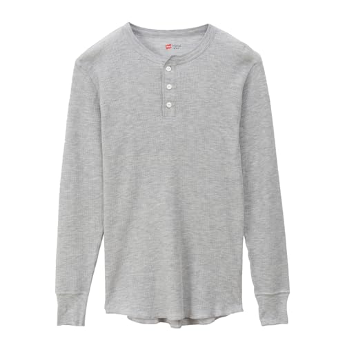 [ヘインズ] ロングTシャツ あったかインナー 防寒着 あたたかい 柔らかい綿混素材 長袖 ワッフル編み サーマル ヘンリーネックロングスリーブ HM4-Q502 メンズ ヘザーグレー LL