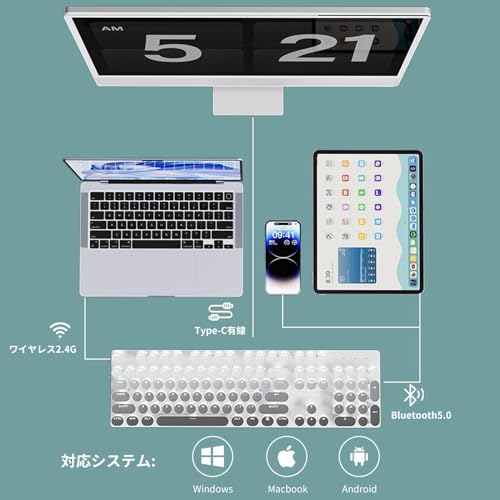 EWEADN V30タイプライターキーボード メカニカル式ゲーミングキーボード グラデーションキーキャップ 全キー防衝突 LED発光バックライト付き Windows/Mac対応 Bluetooth/2.4G/有線 オフィス&ゲーム用