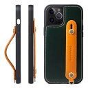HANATORA iPhone15ProMax ケース 本革 耐衝撃 背面ベルト ストラップリング スマホケース スマホ スタンド機能 コードホルダー ガラスフィルム 付き オイルドレザー ギフト グリーン+オレンジ GH-15P