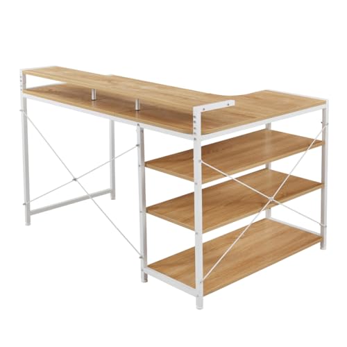 Laovyarw パソコンデスク L字 120cm 3段ラック付 ハイデスク付き デスク木製 ミシン台 書斎机 勉強机 (ナチュラル) [2]