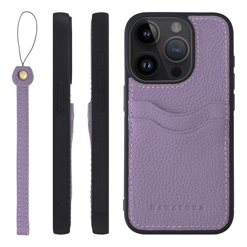HANATORA iPhone15ProMax ケース 本革 耐衝撃 バンパー型 スマホケース スマホ ストラップ 付き シュリンクレザー ギフト パープル CPGGZ-15ProMax-Purple