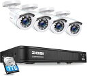 ZOSI 200万画素防犯カメラ4台セット CCTV監視カメラ 防犯レコーダー フルハイビジョン 1080P バレット防犯カメラ4台 8CH 1TB HDD H.265+ App通知機能 室内/室外 日本語対応