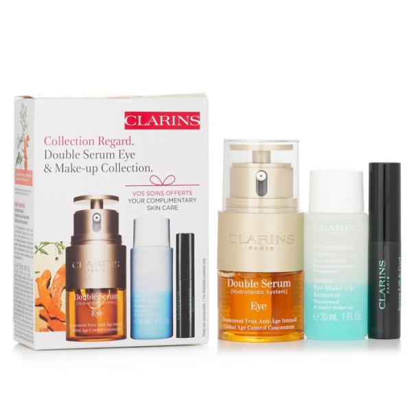 送料無料 クラランス clarins double serum eye set: double serum eye 20ml instant eye make-up remover 30ml supra lift curl mascara 3ml 3pcs 楽天海外直送